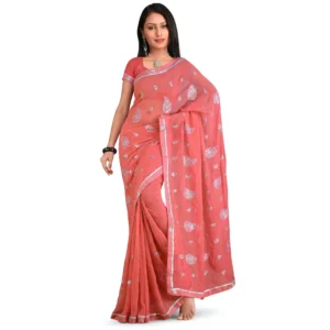 Peach Embroidered Party Wear Georgette Saree DN2008