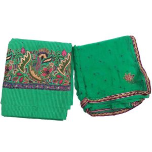 Green Hand Embroidered Self Print Cotton Suit H0131