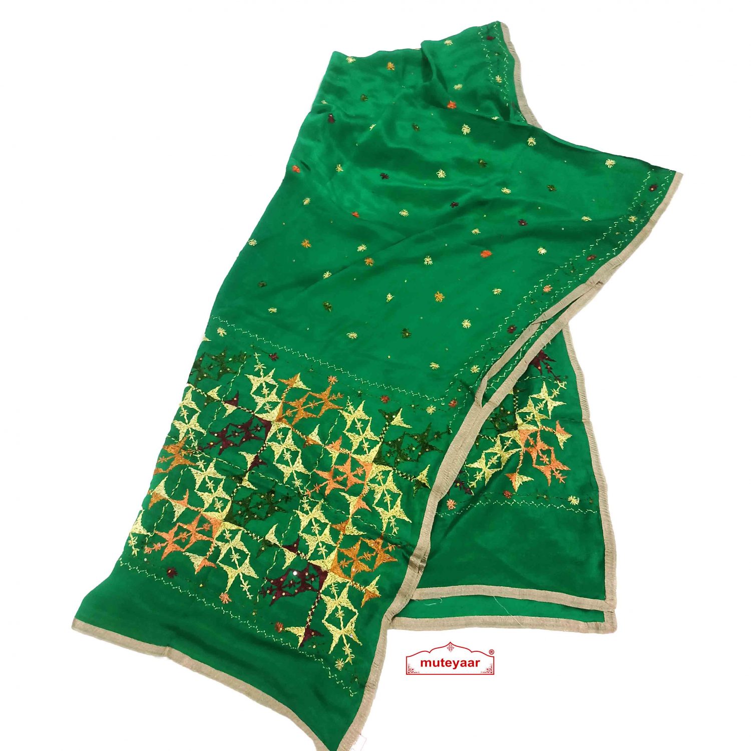 Green Pure Chinon Hand Embroidered Phulkari Dupatta Chunni D0698 1