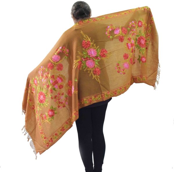 Brown Pashmeena Stole with multicolor thread embroidery C0484 5 C0484 8