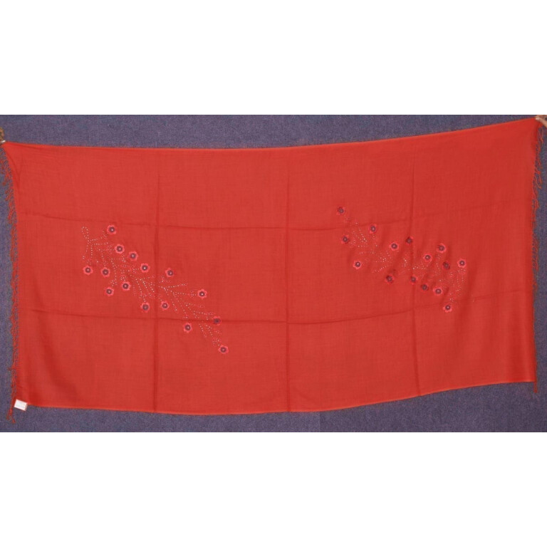 Bright RED Pure Pashmeena net embroidered woollen shawl C0443