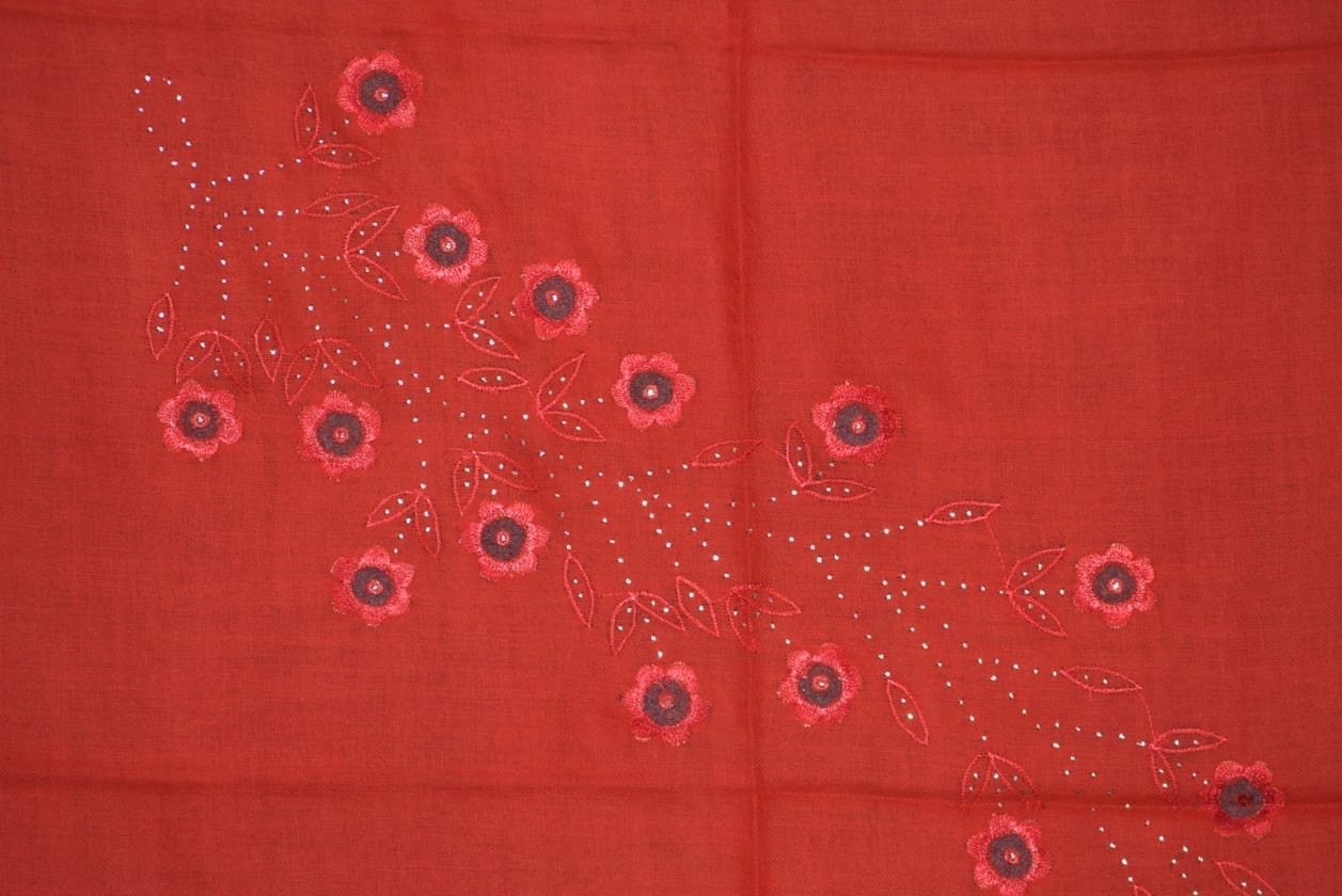 Bright RED Pure Pashmeena net embroidered woollen shawl C0443 2