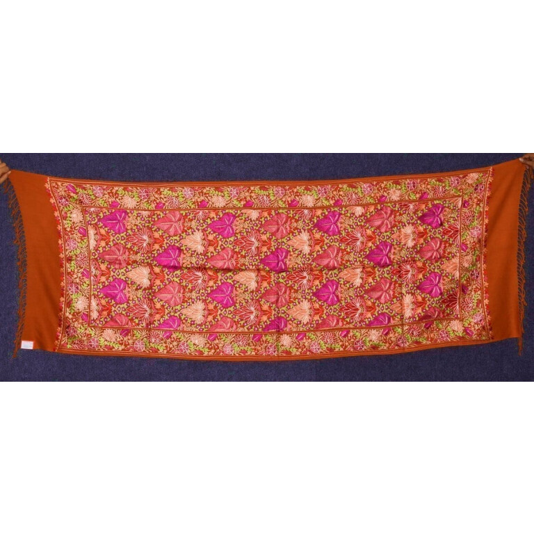 PURE Pashmeena Kashmiri Reshmi Multicolour Chinar Jaal embroidered woollen stole C0471