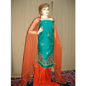 Chanderi Cotton Hand Embroidered partywear Punjabi Suit H0027