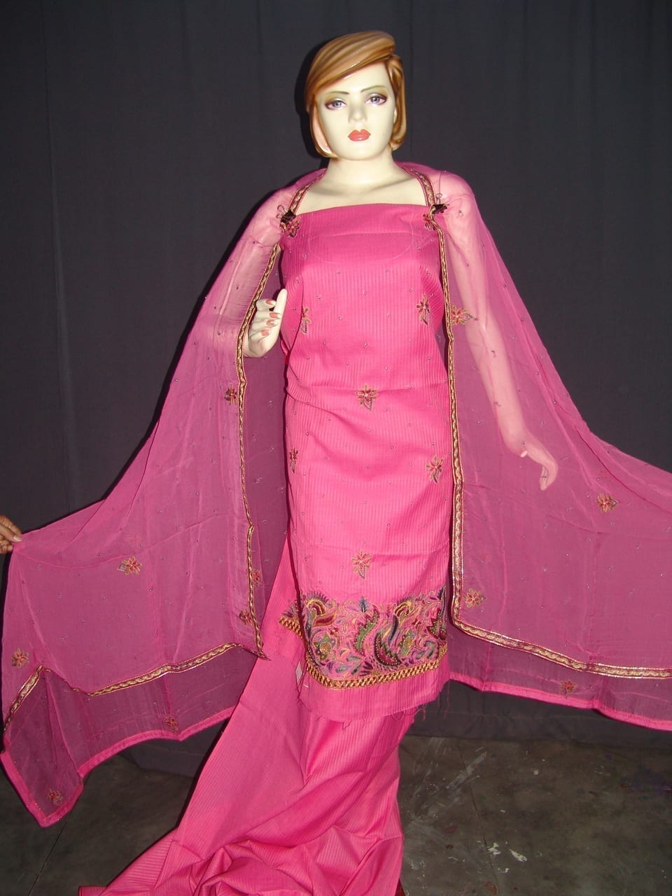 Pink Hand Embroidered Self Print Pure Cotton Suit H0130 2