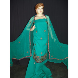 Green Hand Embroidered Self Print Cotton Suit H0131