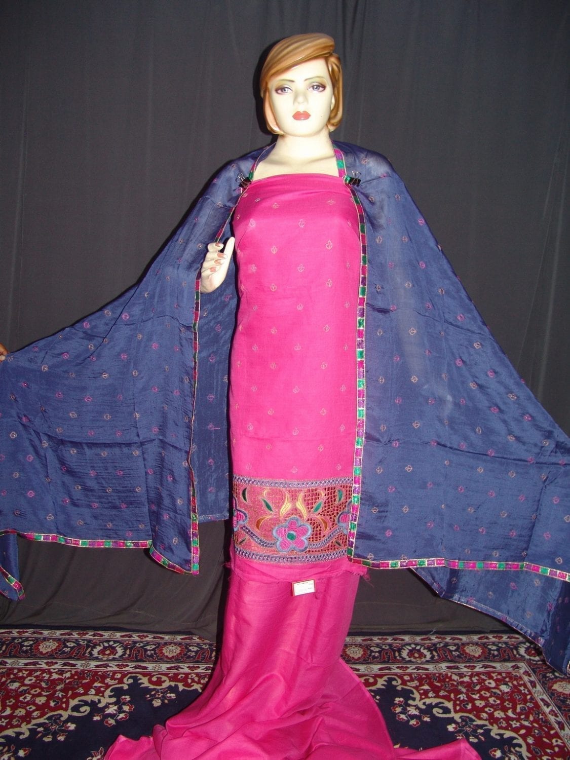 Pink Blue Hand Embroidered Cotton Suit with Chinon Dupatta H0150 3