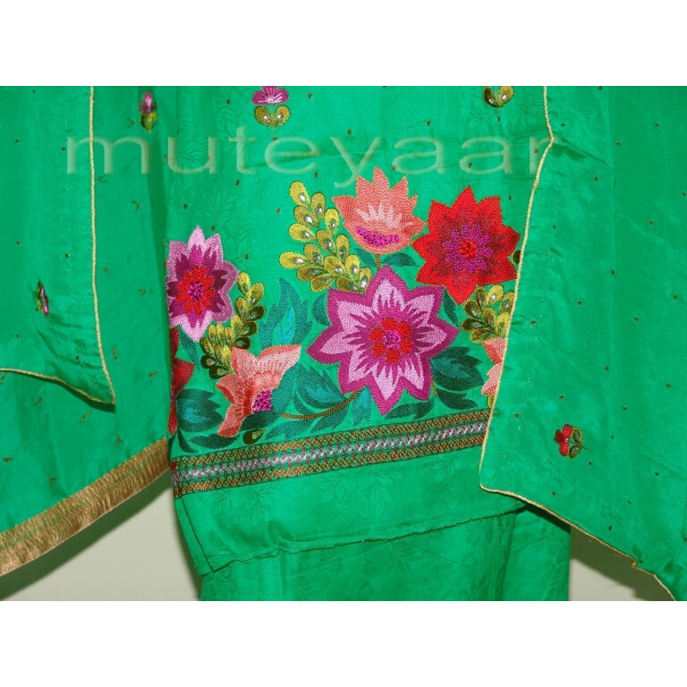 Green Self Cotton Hand Embroidered Suit PURE CHINON Chunni H0161