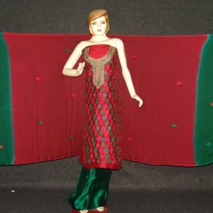 Pure Dupion Silk Maroon/green mbroidered Pajami Suit M0309