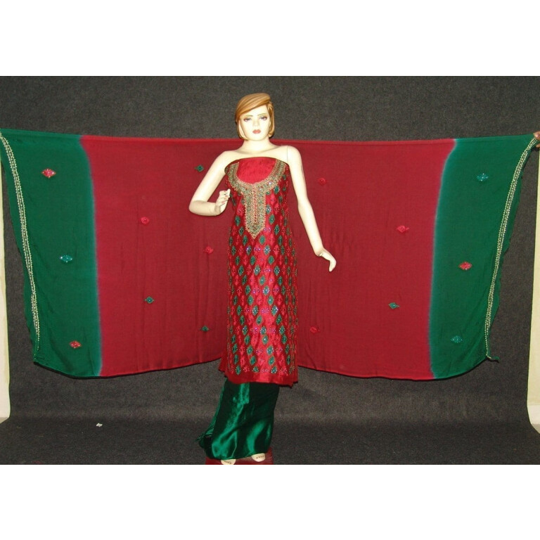 Pure Dupion Silk Maroon/green mbroidered Pajami Suit M0309