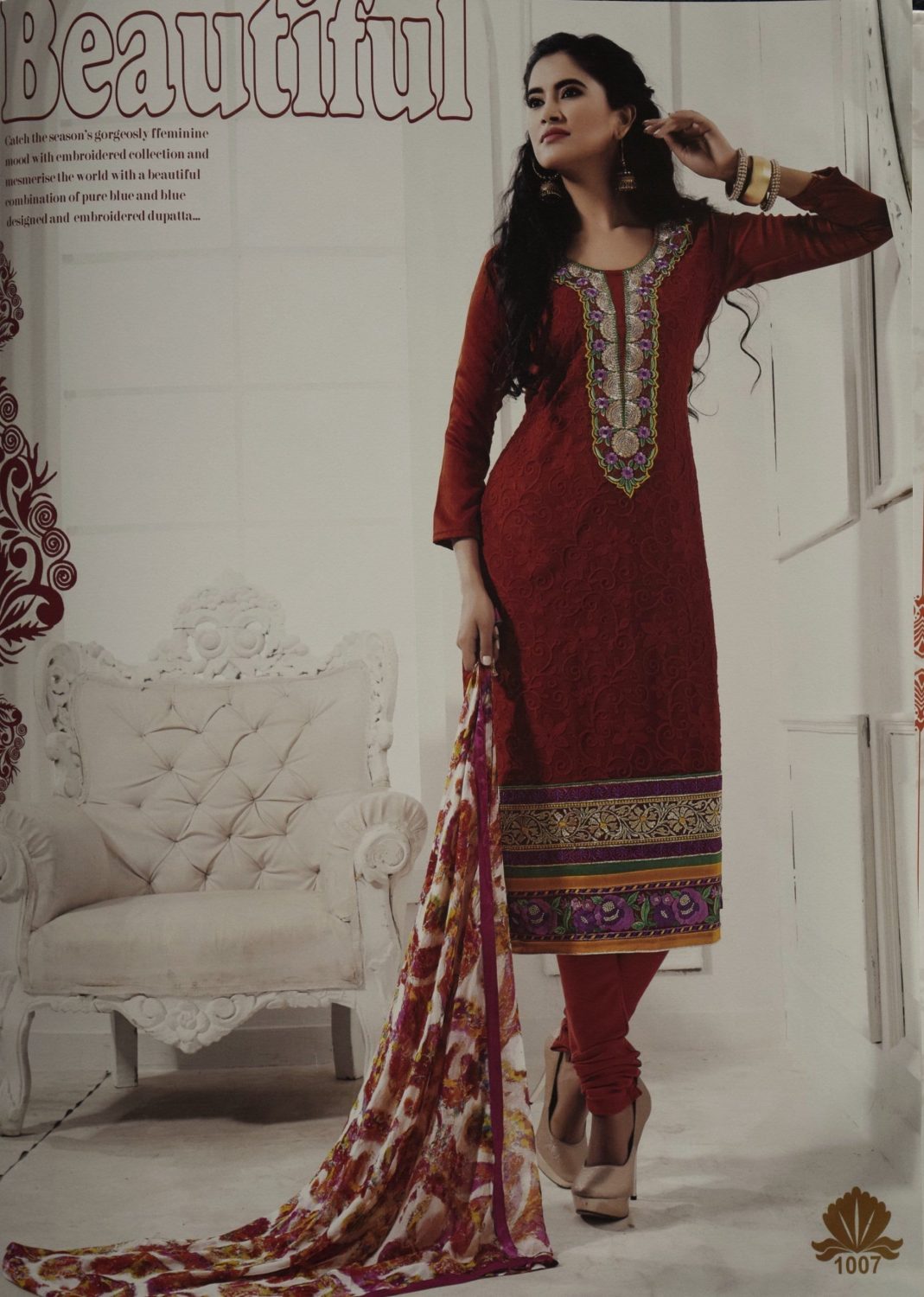 Pakistani style Embroidered Spun Cotswool Pajami Suit Chiffon Dupatta M0315 1