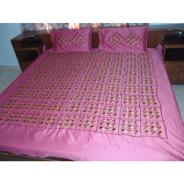 Pink Glazed cotton Jaal Phulkari Hand Embr Bed Cover set Z0039