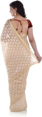 Fawn Phulkari Saree Embroidered Faux Chiffon Sari S10 3