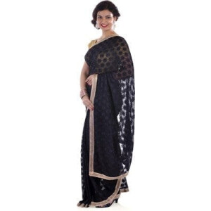 Black Phulkari Saree Allover Embroidered Faux Chiffon Saari S11