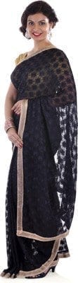 Black Phulkari Saree Allover Self Embroidered party wear Faux Chiffon Saari S11 Black Phulkari Saree Allover Self Embroidered party wear Faux Chiffon Saari S11