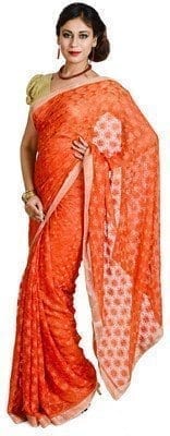 Orange Phulkari Saree Allover Self Embroidered party wear Faux Chiffon Saree S13 Orange Phulkari Saree Allover Self Embroidered party wear Faux Chiffon Saree S13