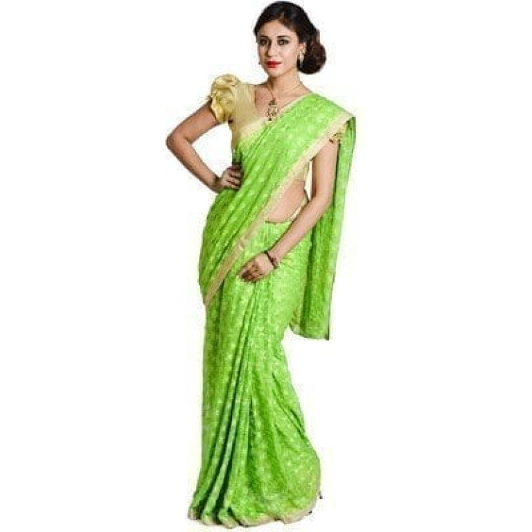 Parrot Green Phulkari Allover Self Embroidered party wear Faux Chiffon Saree S3