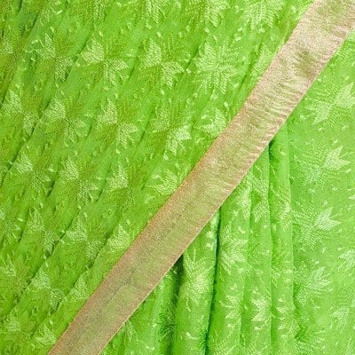Parrot Green Phulkari Saree Embroidered Faux Chiffon Saari S3 4