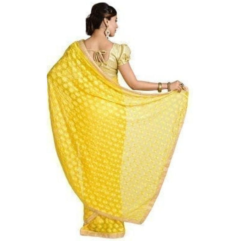 Yellow Phulkari Saree Self Embroidered party wear Faux Chiffon Saree S6