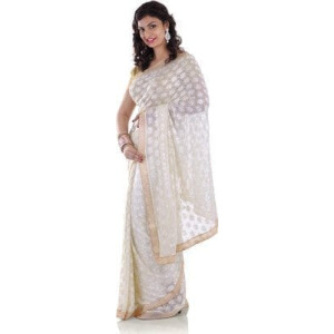 White Saree with Phulkari Embroidery Faux Chiffon Saari S7
