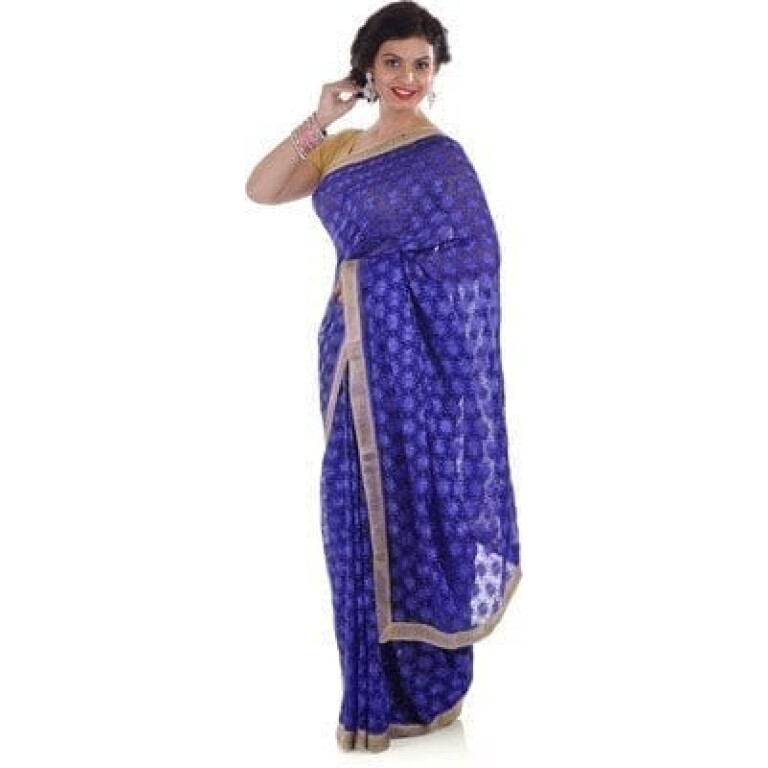 Blue Phulkari Saree Allover Self Embroidery party wear Faux Chiffon Sari S9