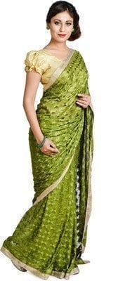 Mehendi Green Phulkari Allover Self Embroidered party wear Faux Chiffon Sari S15 Mehendi Green Phulkari Allover Self Embroidered party wear Faux Chiffon Sari S15