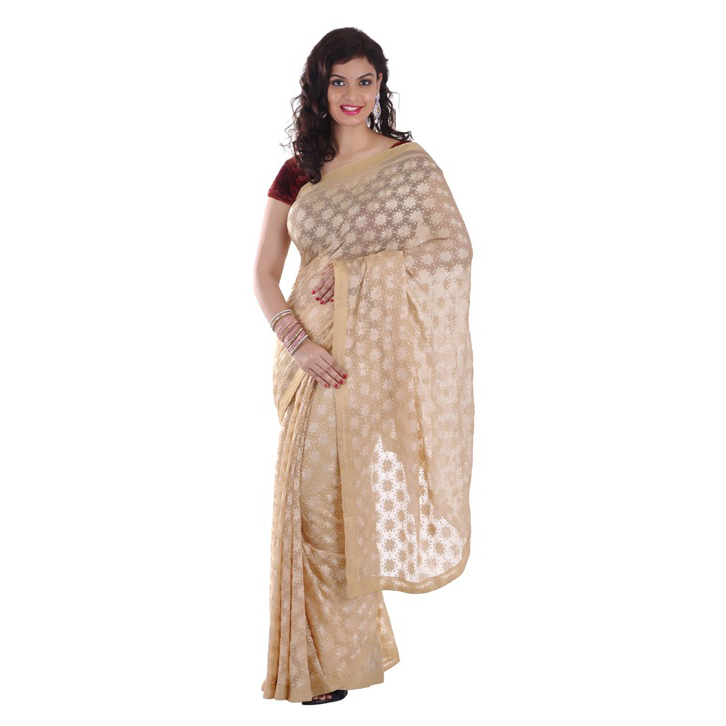 Fawn Phulkari Saree Embroidered Faux Chiffon Sari S10 1