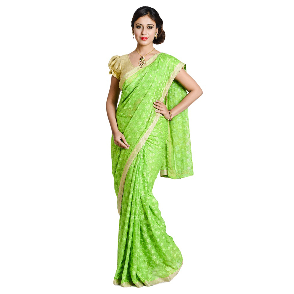 buy Parrot Green Phulkari Allover Self Embroidered party wear Faux Chiffon Saree S3 online Parrot Green Phulkari Allover Self Embroidered party wear Faux Chiffon Saree S3