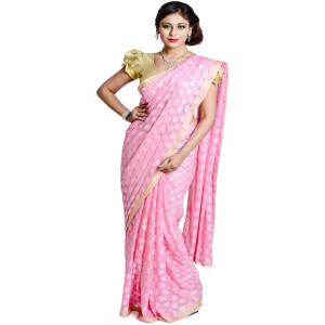 Pink Phulkari Saree Faux Chiffon Sari S5