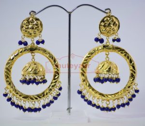 Blue Beads Gold Plated Punjabi Traditional Jewellery Earrings Long Jhumka J0285