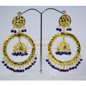 Blue Beads Gold Plated Punjabi Traditional Jewellery Earrings Long Jhumka J0285