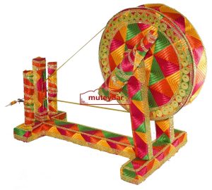 GIDDHA prop – PHULKARI decorated CHARKHA (size 2.5 ft)