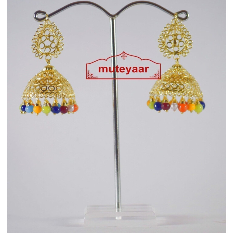 Gold Polished Traditional Punjabi Earrings Multicolor Jhumiki set J0189