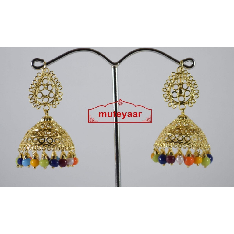 Gold Polished Traditional Punjabi Earrings Multicolor Jhumiki set J0189