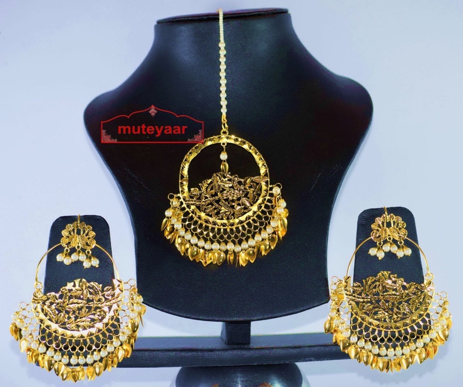 24 Ct. Gold Plated Traditional Punjabi Jewellery Morewali Earrings Tikka Set J0197 4
