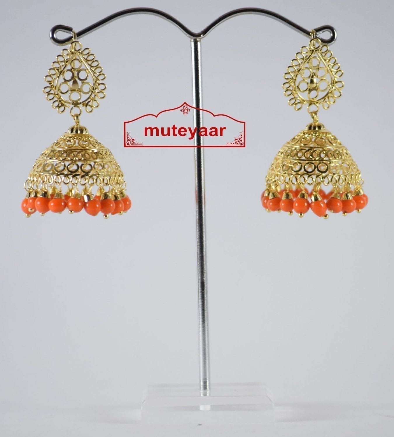 Gold Polished Traditional Punjabi Earrings Jhumiki set with Orange beads J0307 Gold Polished Traditional Punjabi Earrings Jhumiki set with Orange beads J0307