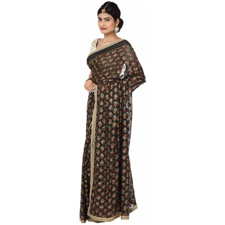 Black Multi Phulkari Saree Allover Embroidered party wear Faux Chiffon Sari S14