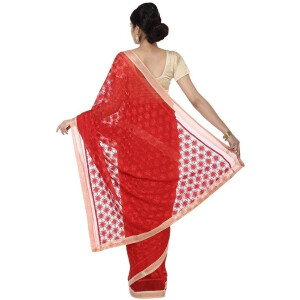 Red Phulkari Saree Faux Chiffon Sari S17