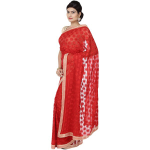 Red Phulkari Saree Faux Chiffon Sari S17