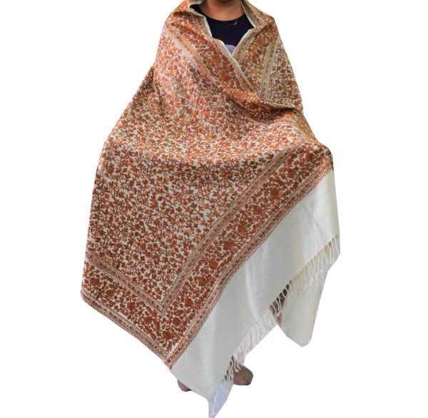 Pure Pashmina Kashmiri Shawl C0651 3 Pure Pashmina Cream Kashmiri Shawl Brown Embroidery C0651