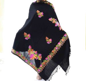 Black Kashmiri Shawl Chinar Embroidery pure wool Pashmina wrap C0657