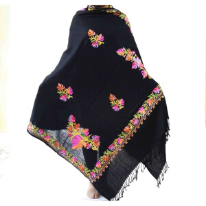 Black Kashmiri Shawl Chinar Embroidery pure wool Pashmina wrap C0657