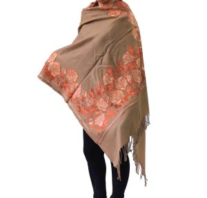 Brown Kashmiri Stole Border Work Embroidery Pure Pashmina C0674