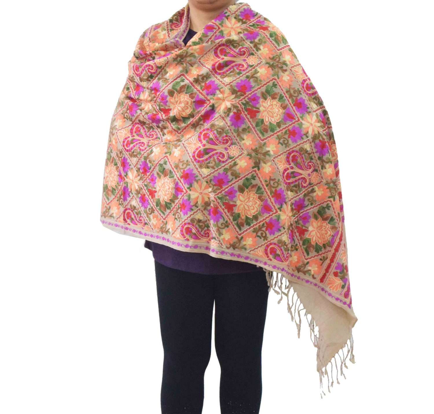 Fawn Kashmiri Stole Multicolour Heavy Embroidery Work pure wool Pashmina C0687 1