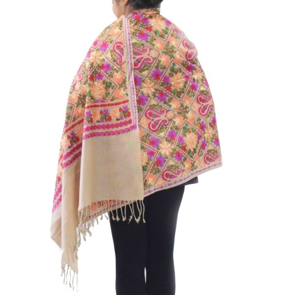 Fawn Kashmiri Stole Multicolour Heavy Embroidery Work pure wool Pashmina C0687 5 C0687 8