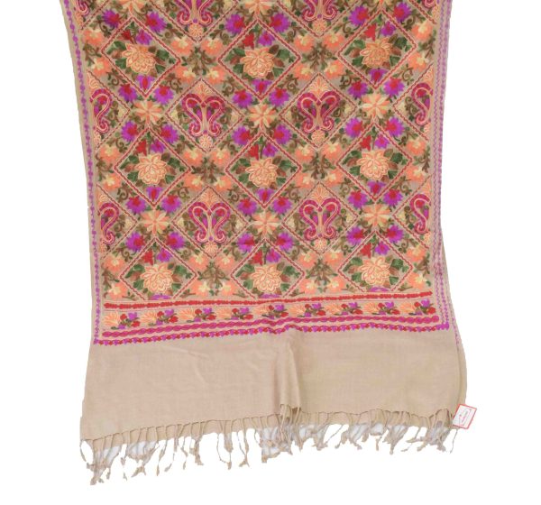 Fawn Kashmiri Stole Multicolour Heavy Embroidery Work pure wool Pashmina C0687 7 C0687 9