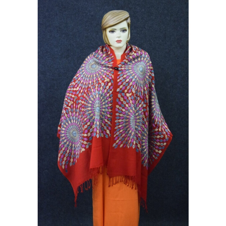 Red Kashmiri Stole Multicolour Embroidery Work pure wool Pashmina wrap C0684
