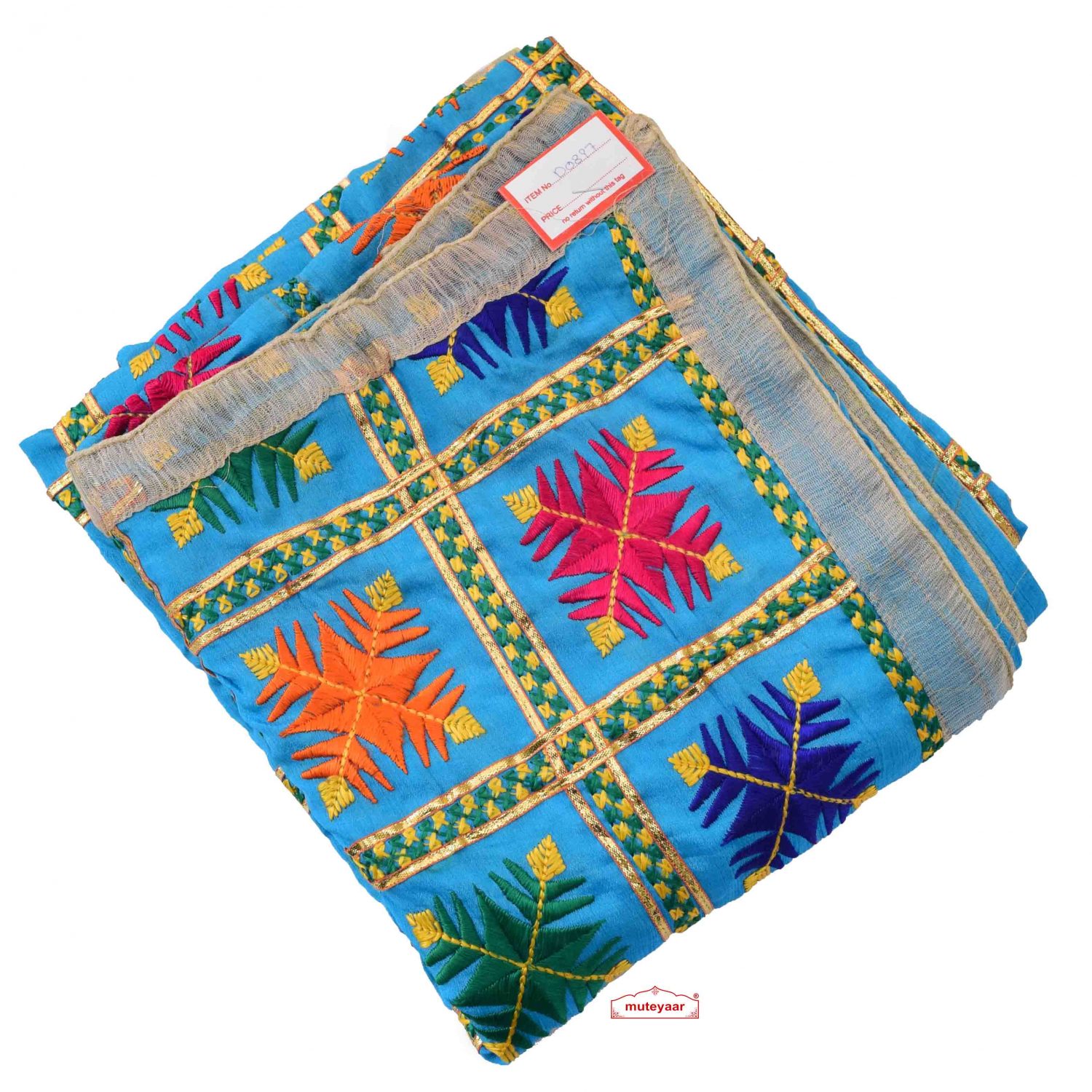 Firozi Phulkari Dupatta with Gota Work D0897 Firozi Phulkari Dupatta with Gota Work D0897