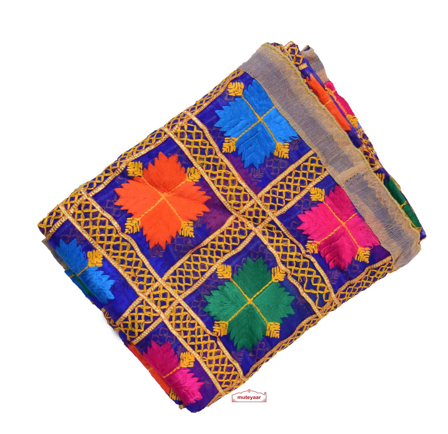 Royal Blue Phulkari Dupatta with Gota Work D0898 Royal Blue Phulkari Dupatta with Gota Work D0898