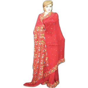 Pure Chiffon Bridal Red Phulkari Saree S33